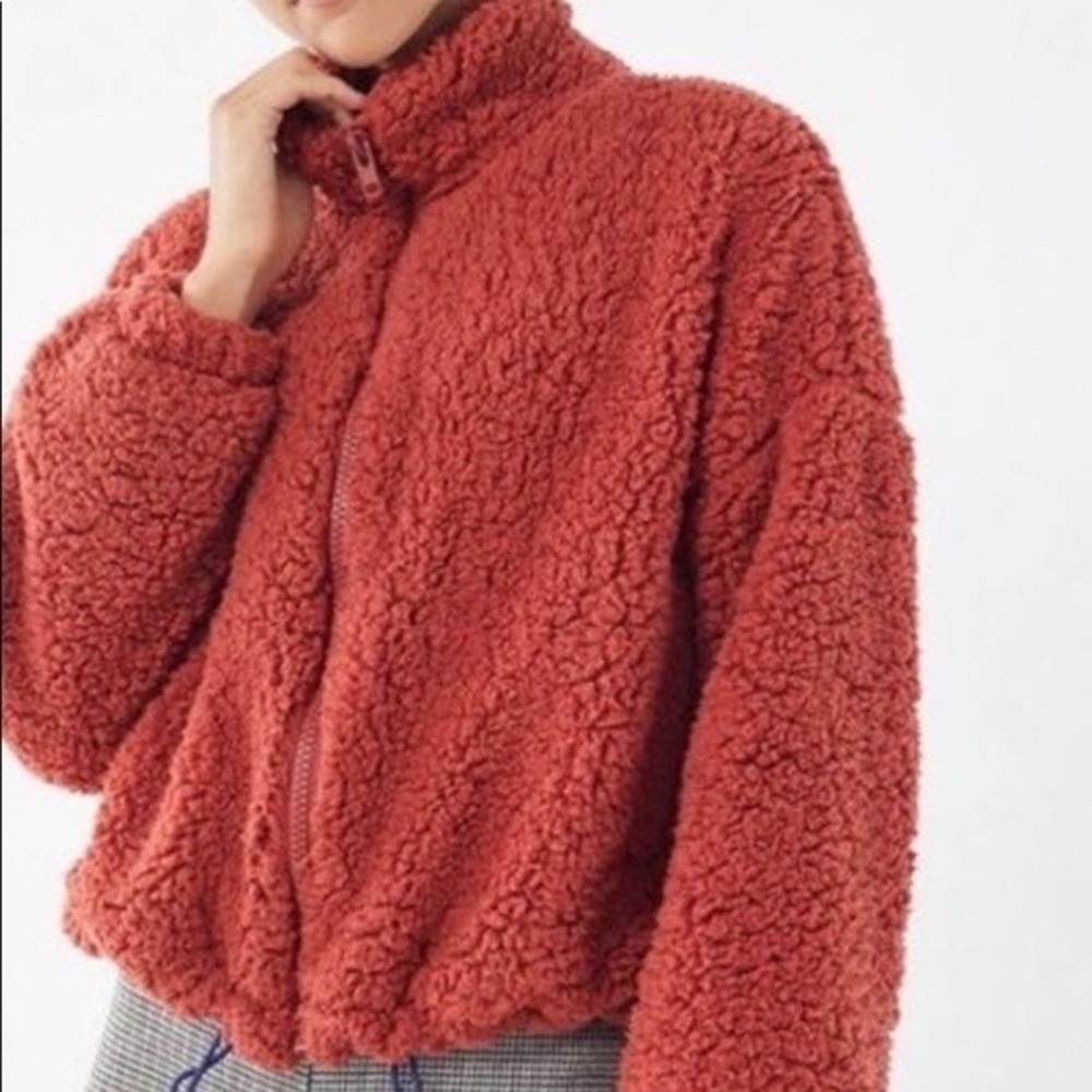 Urban Outfitters Willow Teddy Jacket Rust Orange Fleece Zip Up Large